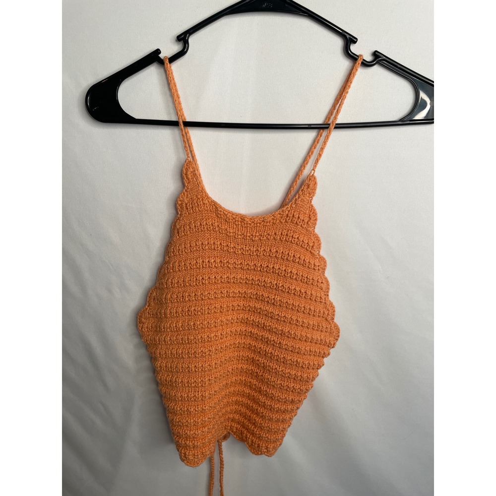 Stolen Heart Orange Crochet Knit Halter Top Lace Up Back Boho Festival M/L